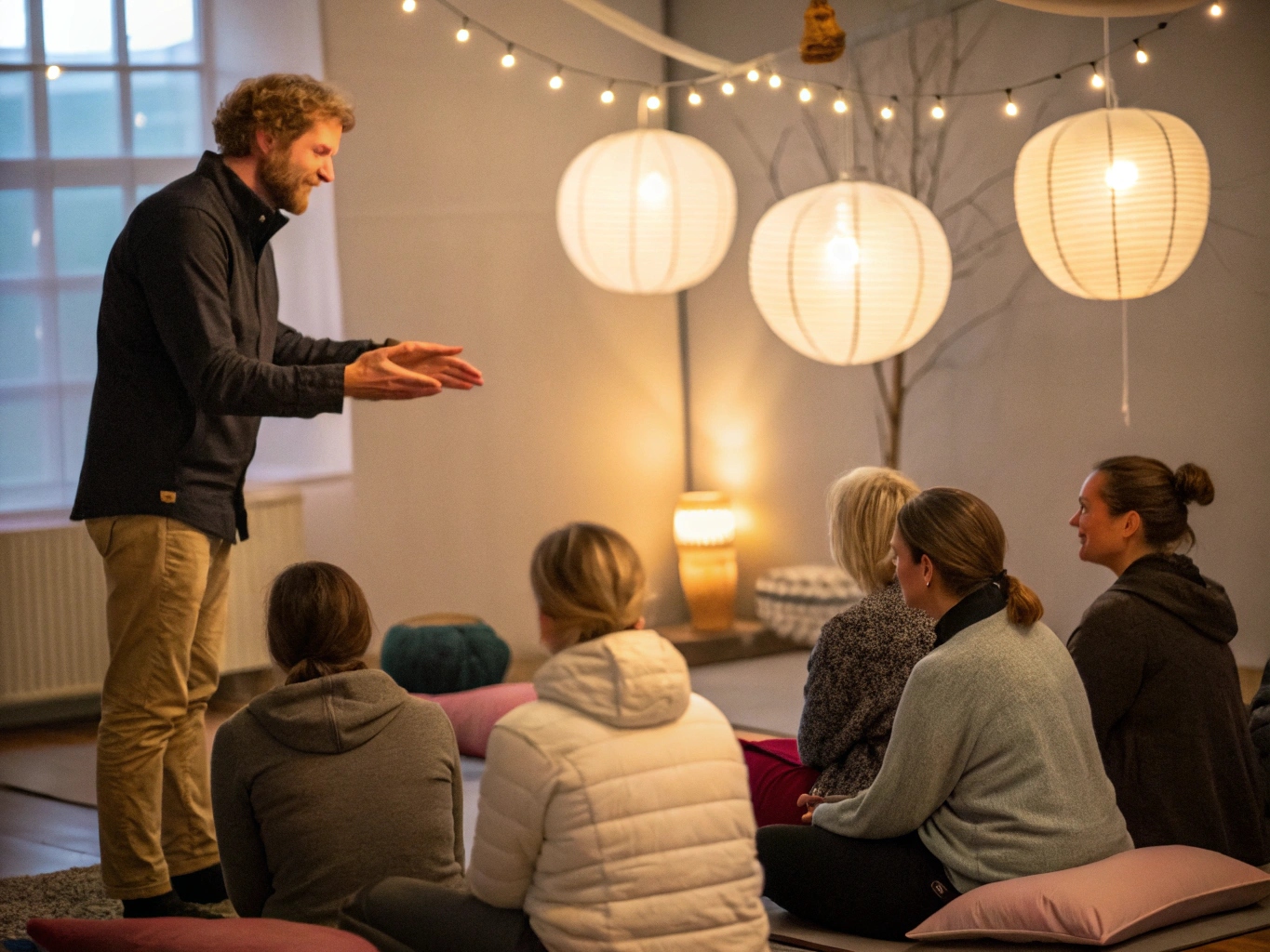 Instruktør guider en lille gruppe i meditation
