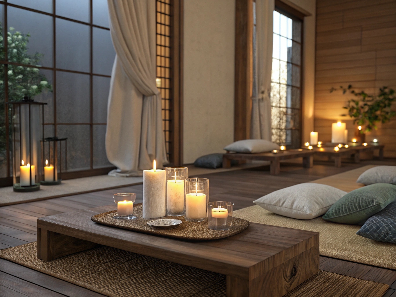 Afslappende meditation i et stearinlysoplyst rum